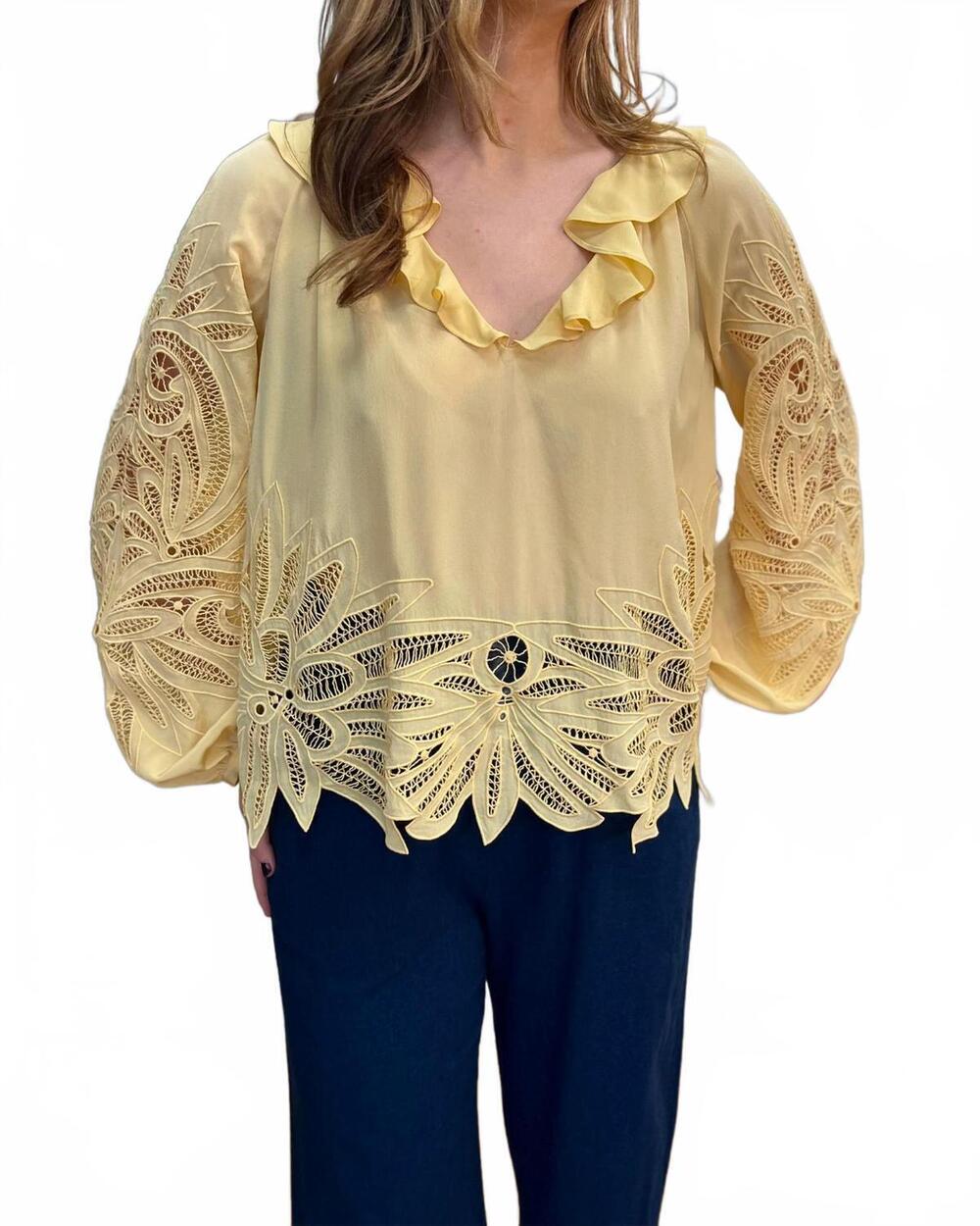 NEW ULLA JOHNSON adonis long sleeve silk applique blouse in dandelion